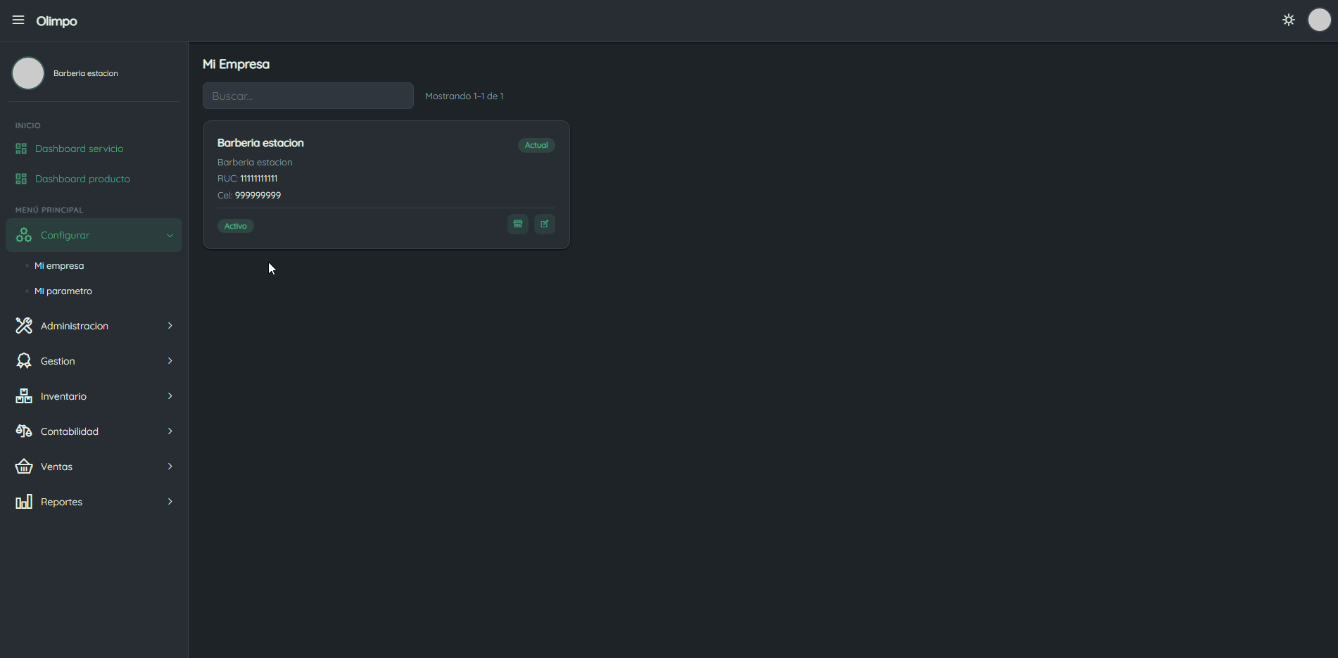 Configuración de sucursales de Olimpo en la sección Mi Empresa