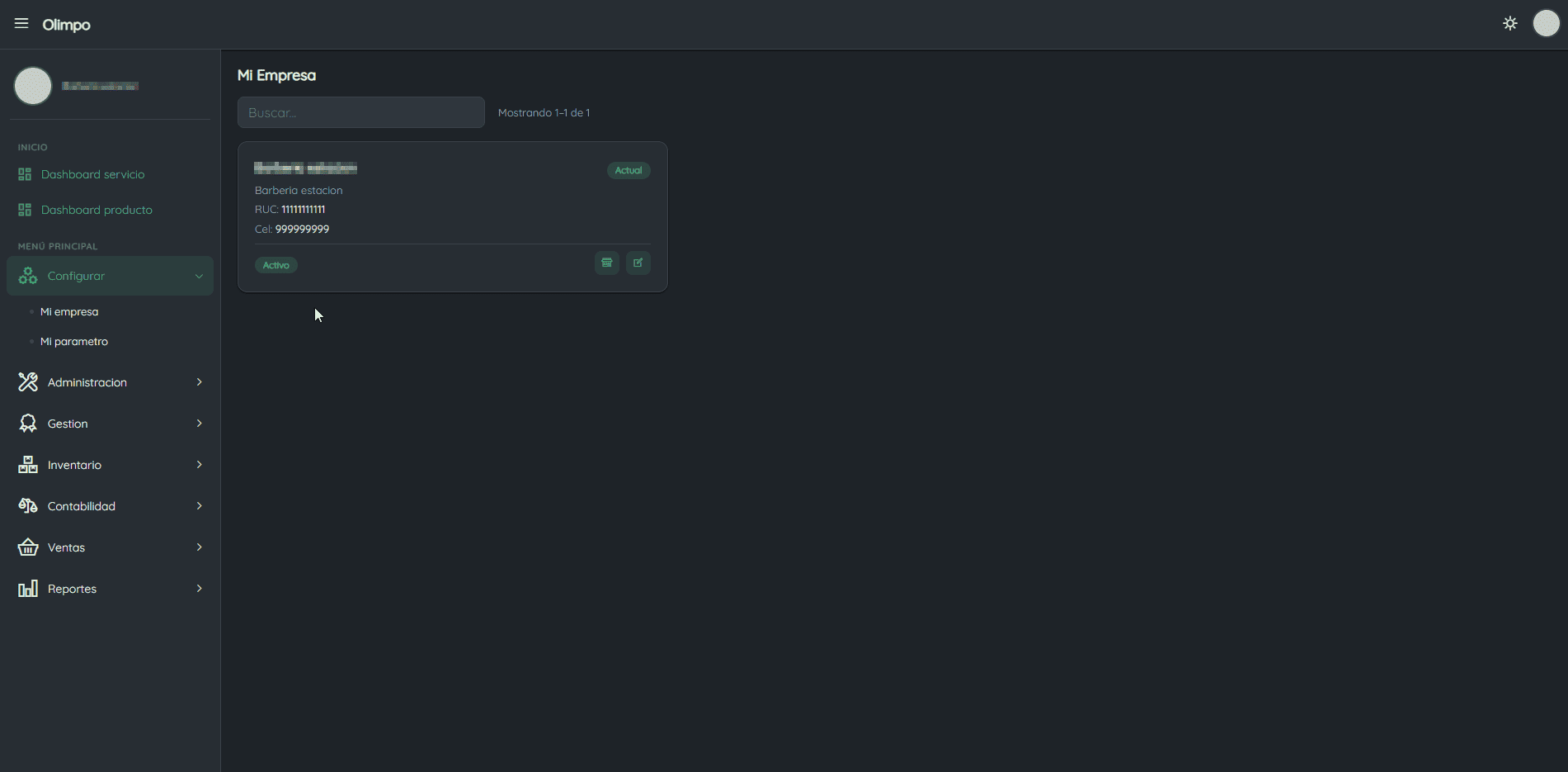 Configuración de sucursales de Olimpo en la sección Mi Empresa