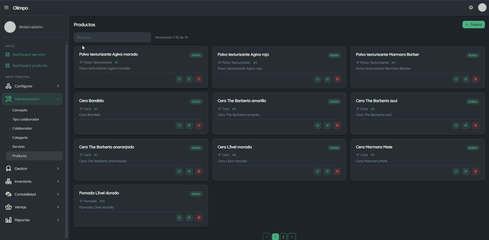 Catálogo de productos de Olimpo: ceras, pomadas y polvos texturizantes con categoría