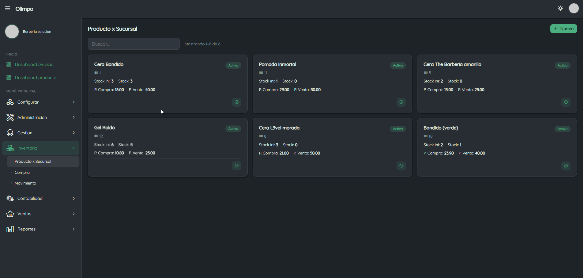 Control de stock por sucursal en Olimpo, con stock inicial, stock actual y precios