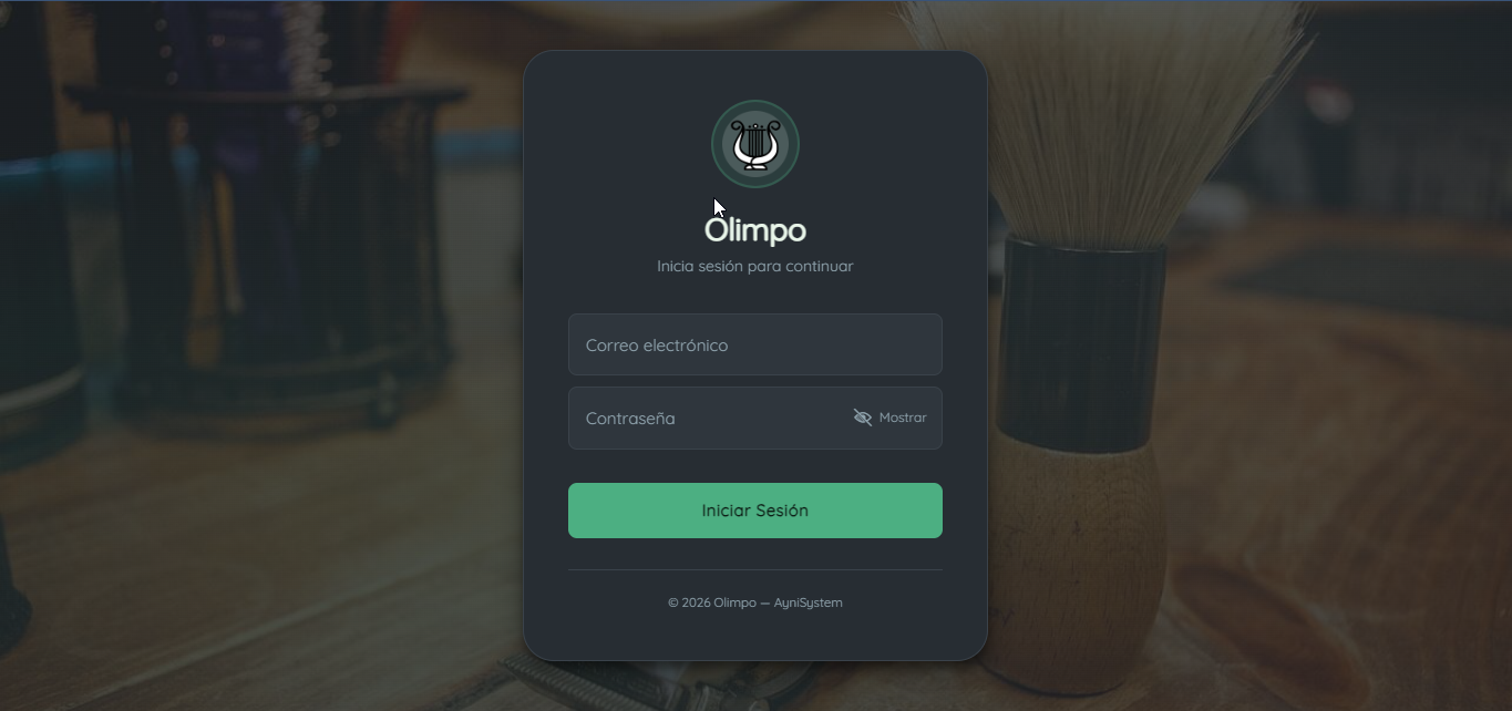 Pantalla de inicio de sesión de Olimpo con correo y contraseña