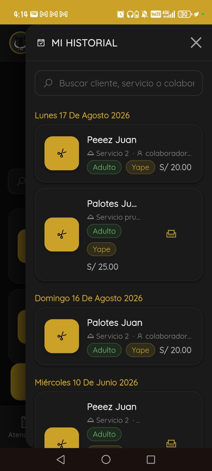 Pantalla de OlimpoGo en el celular mostrando el historial de atenciones agrupado por día, con cliente, servicio, tipo de pago y precio