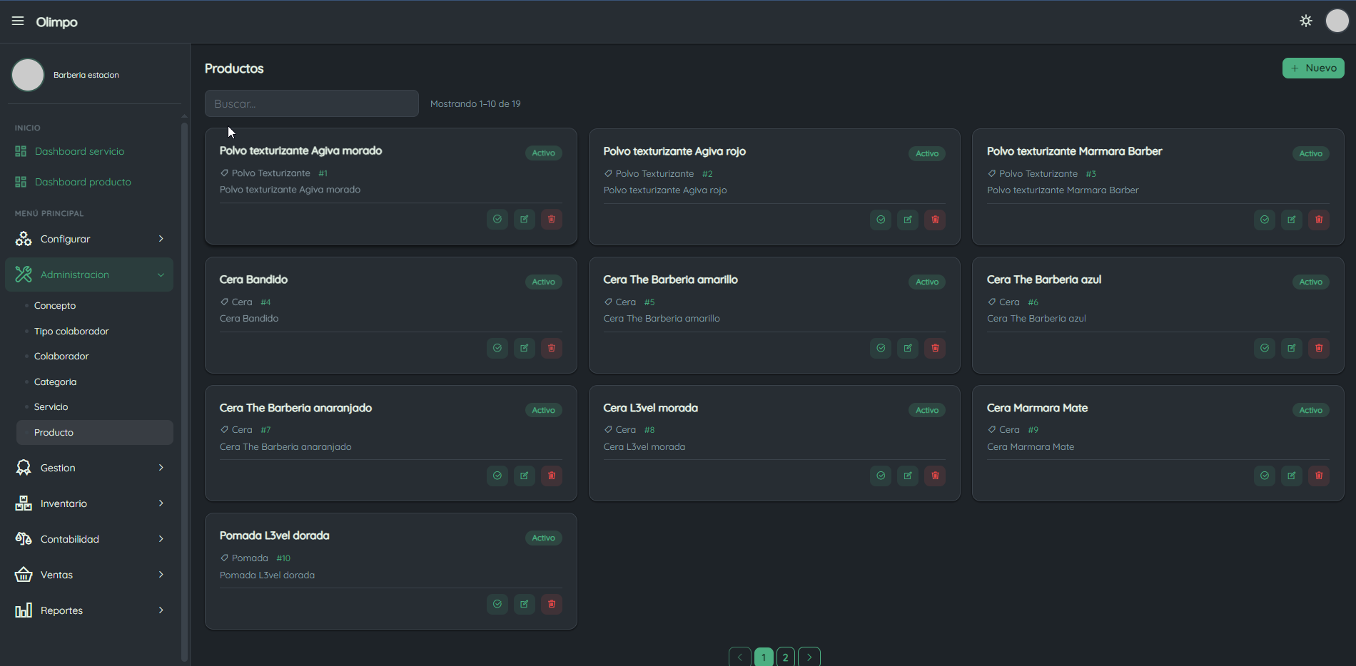 Catálogo de productos de Olimpo: ceras, pomadas y polvos texturizantes con categoría