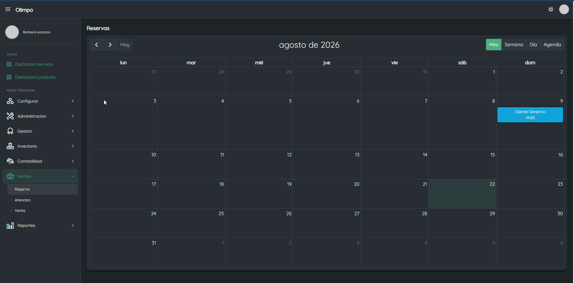Calendario de reservas de Olimpo en vista mensual, con una reserva agendada